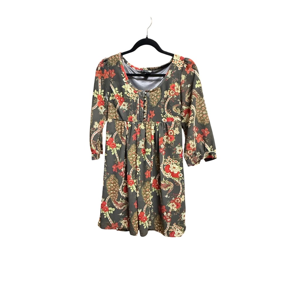 HM Womens Floral Peacock Empire Waist Mini Dress Olive Green US 4 3/4 Sleeve